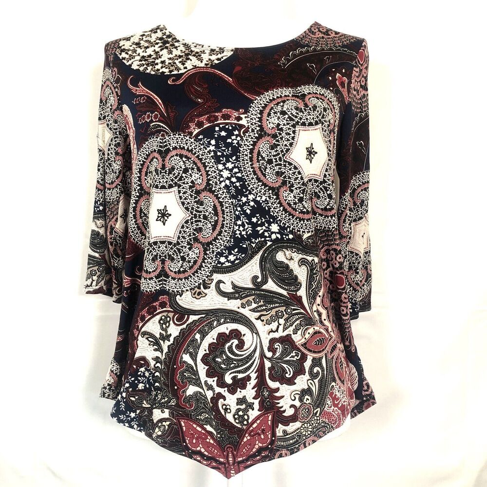 Rue JuJu Womens Floral Paisley Tunic Top Size Small 3/4 Sleeve Textured Stretchy